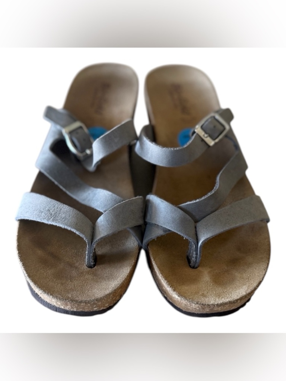 Bio-Gold Italy Women’s Gray Leather Strappy Wedge Sandals Cork Footbed Sz 7.5
